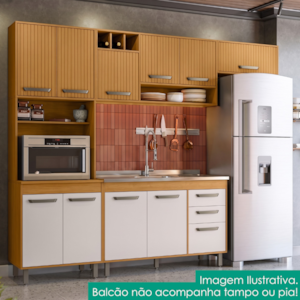 Cozinha Compacta 4 Peças 258x218 cm Balcao Para Pia Malta Freijo Ripado Off Acetinado POLIMAN