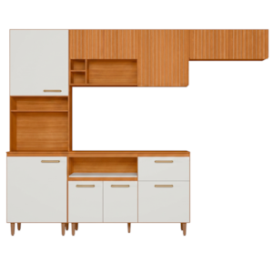 Cozinha Compacta 4 Peças 260x206 cm Balcao Com Tampo Sicilia Freijo Off Ripado Frisado POLIMAN