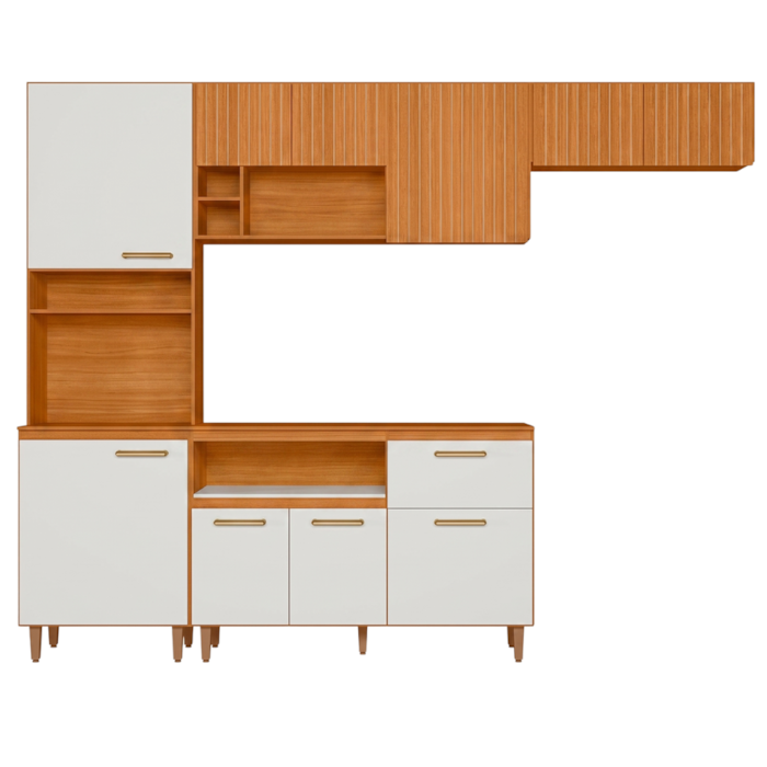 Cozinha Compacta 4 Peças 260x206 cm Balcao Com Tampo Sicilia Freijo Off Ripado Frisado POLIMAN