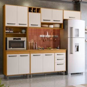 Cozinha Compacta 5 Peças 258x218 cm Balcao Com Tampo Malta Freijo Off Acetinado POLIMAN