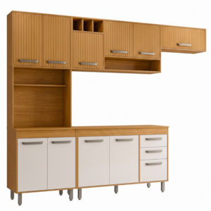 Cozinha Compacta 5 Peças 258x218 cm Balcao Com Tampo Malta Freijo Ripado Off Acetinado POLIMAN