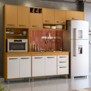 Cozinha Compacta 5 Peças 258x218 cm Balcao Com Tampo Malta Freijo Ripado Off Acetinado POLIMAN