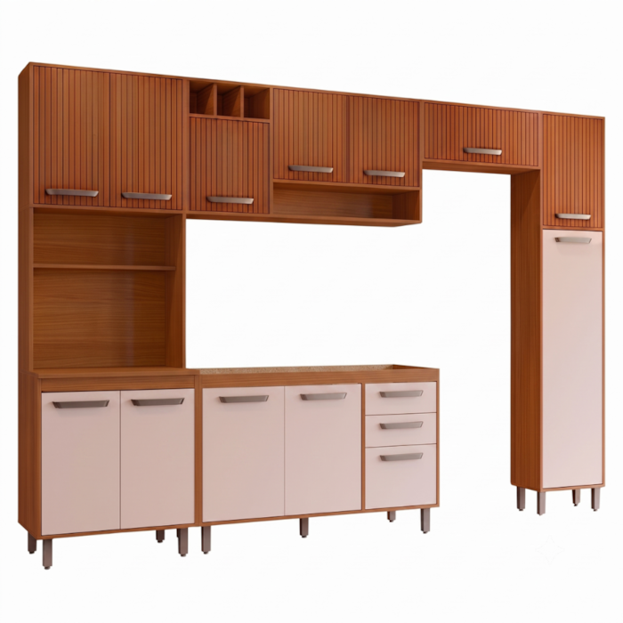 Cozinha Compacta 5 Peças 298x218 cm Balcao Para Pia Malta Freijo Ripado Off Acetinado POLIMAN