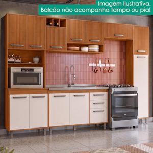 Cozinha Compacta 5 Peças 298x218 cm Balcao Para Pia Malta Freijo Ripado Off Acetinado POLIMAN