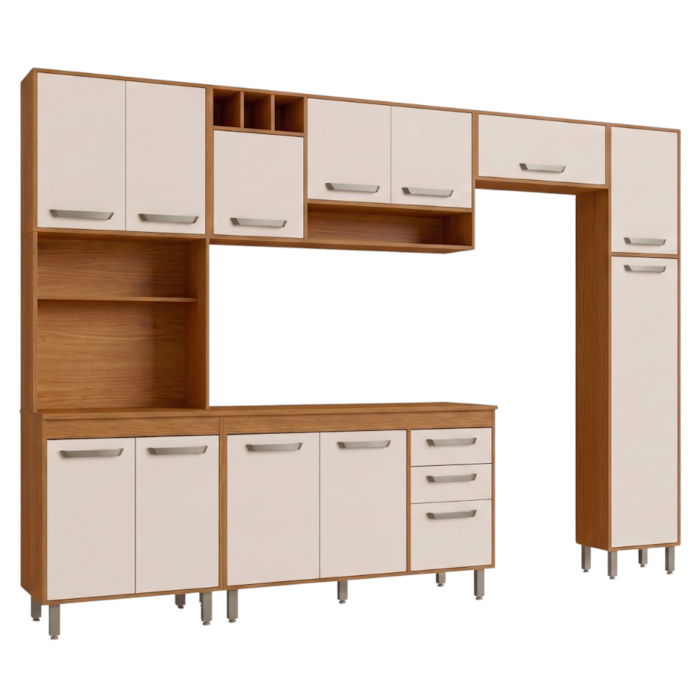 Cozinha Compacta 6 Peças 298x218 cm Balcao Com Tampo Malta Freijo Off Acetinado POLIMAN
