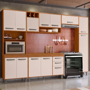 Cozinha Compacta 6 Peças 298x218 cm Balcao Com Tampo Malta Freijo Off Acetinado POLIMAN