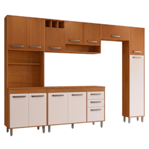 Cozinha Compacta 6 Peças 298x218 cm Balcao Com Tampo Malta Freijo Ripado Off Acetinado POLIMAN