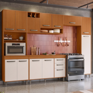 Cozinha Compacta 6 Peças 298x218 cm Balcao Com Tampo Malta Freijo Ripado Off Acetinado POLIMAN