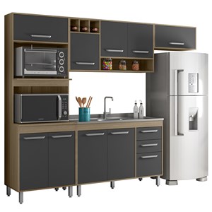 Cozinha Compacta Com Balcao Para Pia 258CM LISBCZ2 Oak Grafite PLN