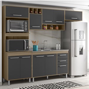 Cozinha Compacta Com Balcao Para Pia 258CM LISBCZ2 Oak Grafite PLN