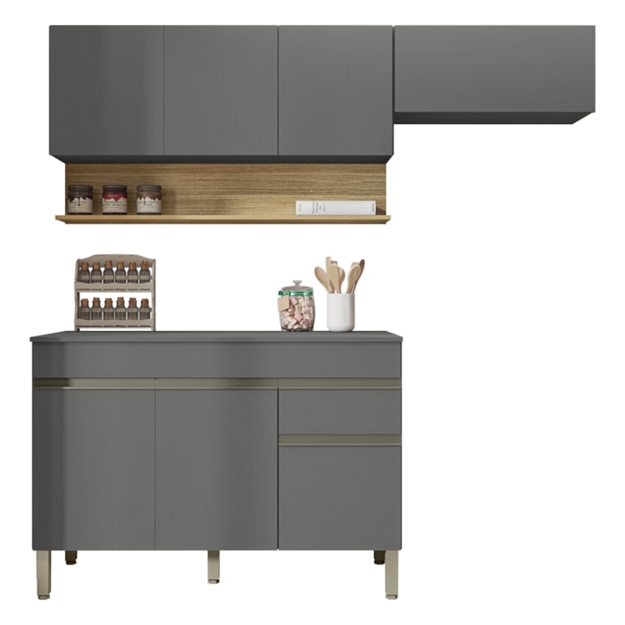 Cozinha Linne 03 Peças Balcao Com Tampo 120cm Gris Gris Freijo KTP