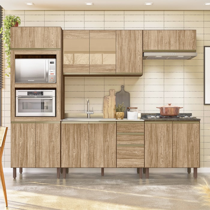 Cozinha Modulada 11 PÇs MDF Kali Carv/Chmb Nicioli