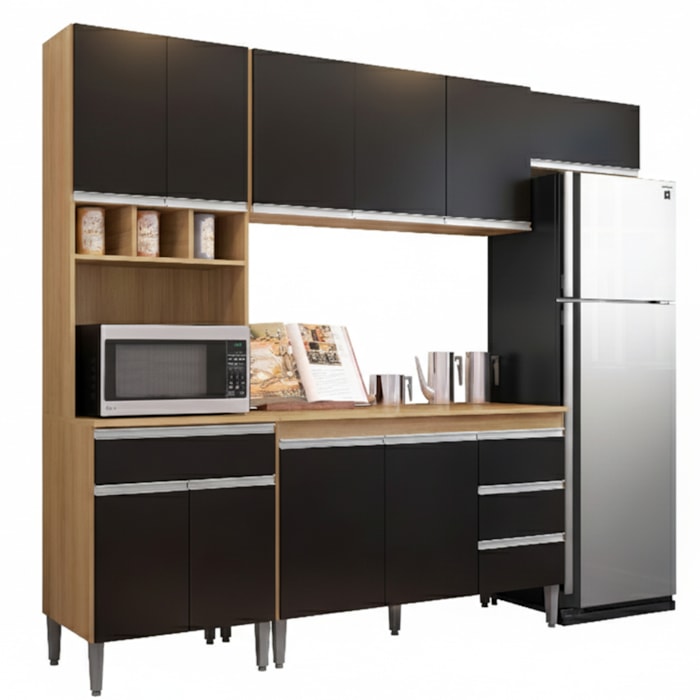 Cozinha Modulada 10 P 4 G Andreia 240 cm Amendoa Preto REAJL Moveis