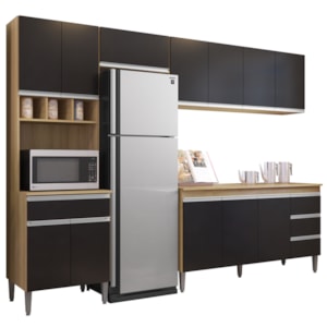 Cozinha Modulada 12 Portas 4 Gavetas 280 cm Andreia Amendoa Preto REAJL Moveis