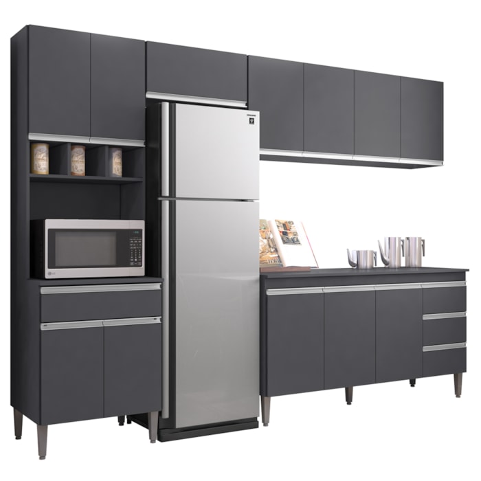 Cozinha Modulada 12 Portas 4 Gavetas 280 cm Andreia Cinza REAJL Moveis