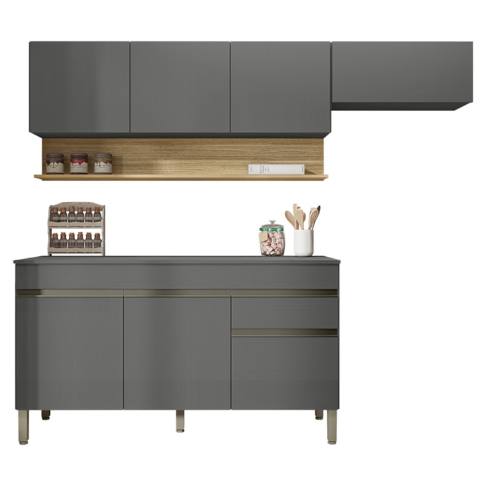 Cozinha Modulada 3 Pecas Com Balcao Tampo Line Gris Cp Freijo KTP