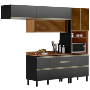 Cozinha Modulada 4 Pecas 270 cm Vidro DP2703 Nogueira Carbono Prime Demartez