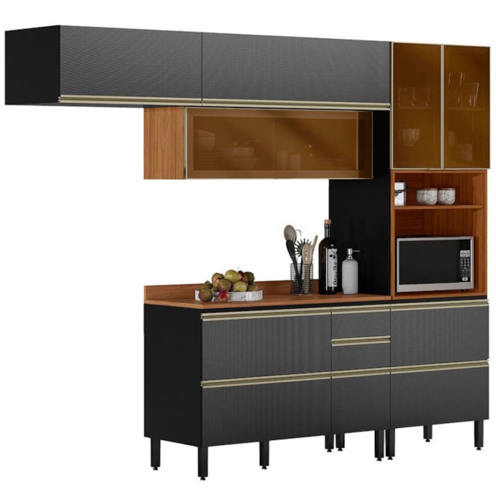 Cozinha Modulada 4 Pecas 270 cm Vidro DP2703 Nogueira Carbono Prime Demartez
