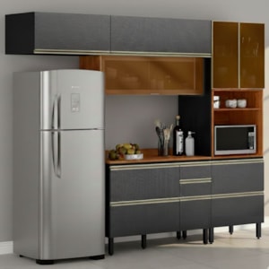 Cozinha Modulada 4 Pecas 270 cm Vidro DP2703 Nogueira Carbono Prime Demartez