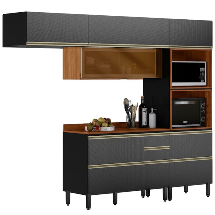 Cozinha Modulada 4 Pecas 270 cm Vidro DP2704 Nogueira Carbono Prime Demartez