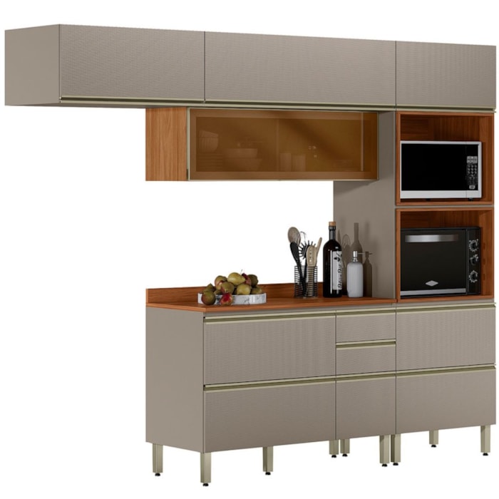 Cozinha Modulada 4 Pecas 270 cm Vidro DP2704 Nogueira Nude Prime Demartez