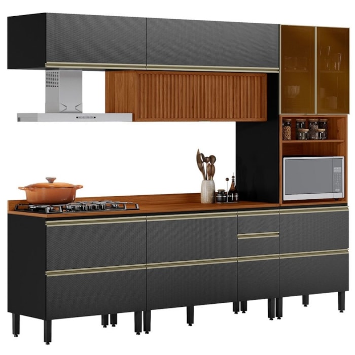 Cozinha Modulada 5 Pecas 270 cm Ripado DP2705 Nogueira Carbono Prime Demartez