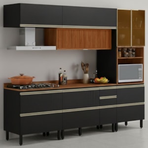Cozinha Modulada 5 Pecas 270 cm Ripado DP2705 Nogueira Carbono Prime Demartez