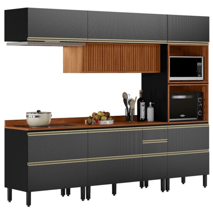 Cozinha Modulada 5 Pecas 270 cm Ripado DP2706 Nogueira Carbono Prime Demartez