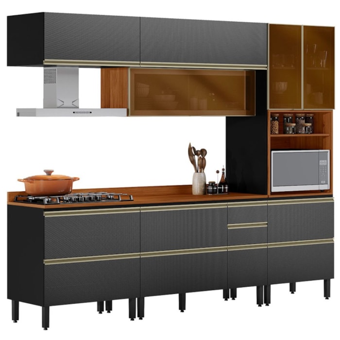 Cozinha Modulada 5 Pecas 270 cm Vidro DP2705 Nogueira Carbono Prime Demartez