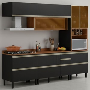 Cozinha Modulada 5 Pecas 270 cm Vidro DP2705 Nogueira Carbono Prime Demartez