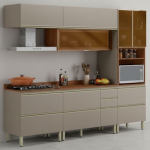 Cozinha Modulada 5 Pecas 270 cm Vidro DP2705 Nogueira Nude Prime Demartez