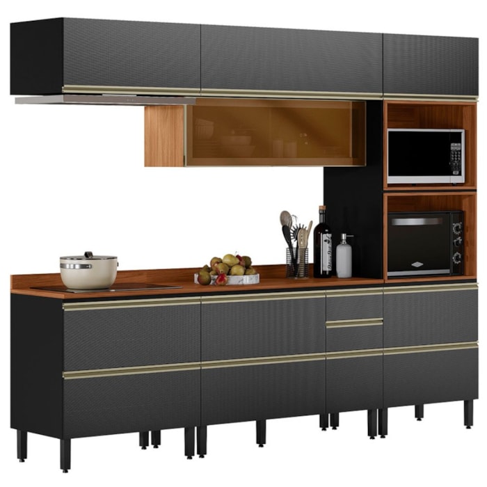 Cozinha Modulada 5 Pecas 270 cm Vidro DP2706 Nogueira Carbono Prime Demartez