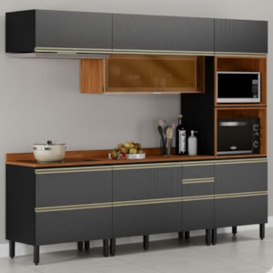 Cozinha Modulada 5 Pecas 270 cm Vidro DP2706 Nogueira Carbono Prime Demartez