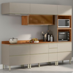 Cozinha Modulada 5 Pecas 270 cm Vidro DP2706 Nogueira Nude Prime Demartez