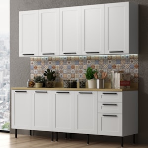 Cozinha Modulada 6 Pecas 200 cm MDF Branco Carvalho Tecno Mobili