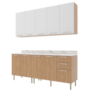 Cozinha Modulada 6 Pecas 200 cm MDP Freijo Branco Marmore Branco Tecno Mobili