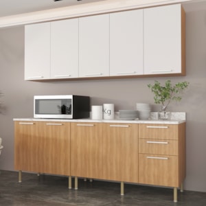 Cozinha Modulada 6 Pecas 200 cm MDP Freijo Branco Marmore Branco Tecno Mobili