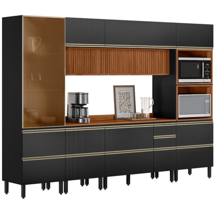 Cozinha Modulada 6 Pecas 310 cm Ripado DP3101 Nogueira Carbono Prime Demartez