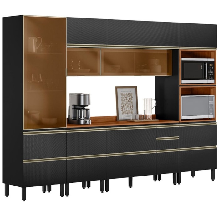 Cozinha Modulada 6 Pecas 310 cm Vidro DP3101 Nogueira Carbono Prime Demartez