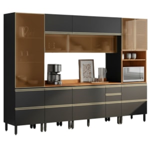 Cozinha Modulada 6 Pecas 310 cm Vidro DP3102 Nogueira Carbono Prime Demartez