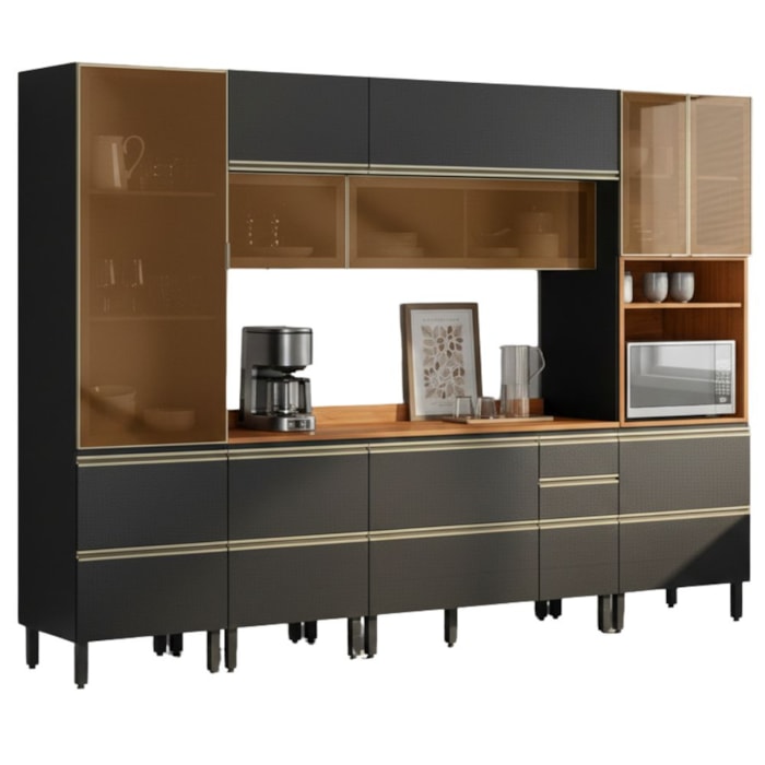 Cozinha Modulada 6 Pecas 310 cm Vidro DP3102 Nogueira Carbono Prime Demartez