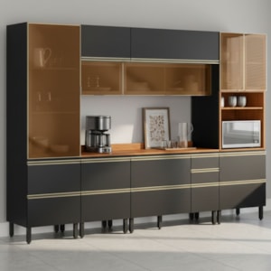 Cozinha Modulada 6 Pecas 310 cm Vidro DP3102 Nogueira Carbono Prime Demartez