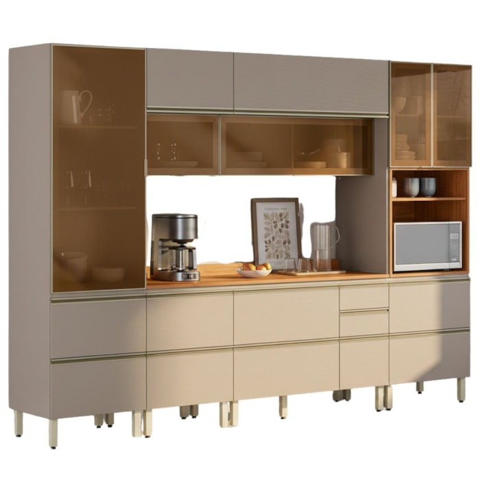Cozinha Modulada 6 Pecas 310 cm Vidro DP3102 Nogueira Nude Prime Demartez