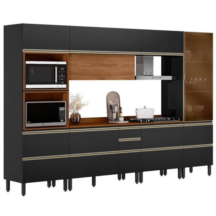 Cozinha Modulada 6 Pecas 330 cm MDF DP3301 Nogueira Carbono Prime Demartez