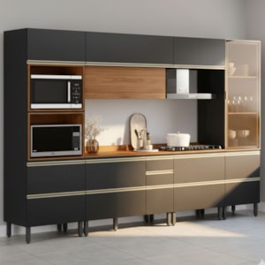 Cozinha Modulada 6 Pecas 330 cm MDF DP3301 Nogueira Carbono Prime Demartez