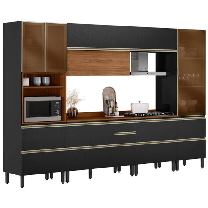 Cozinha Modulada 6 Pecas 330 cm MDF DP3302 Nogueira Carbono Prime Demartez