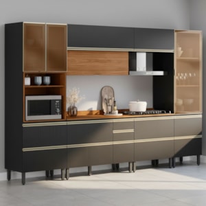 Cozinha Modulada 6 Pecas 330 cm MDF DP3302 Nogueira Carbono Prime Demartez