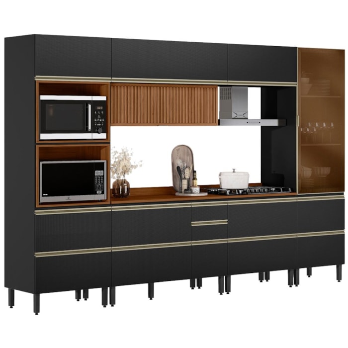 Cozinha Modulada 6 Pecas 330 cm Ripado DP3301 Nogueira Carbono Prime Demartez