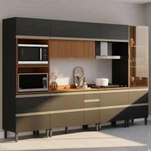 Cozinha Modulada 6 Pecas 330 cm Ripado DP3301 Nogueira Carbono Prime Demartez