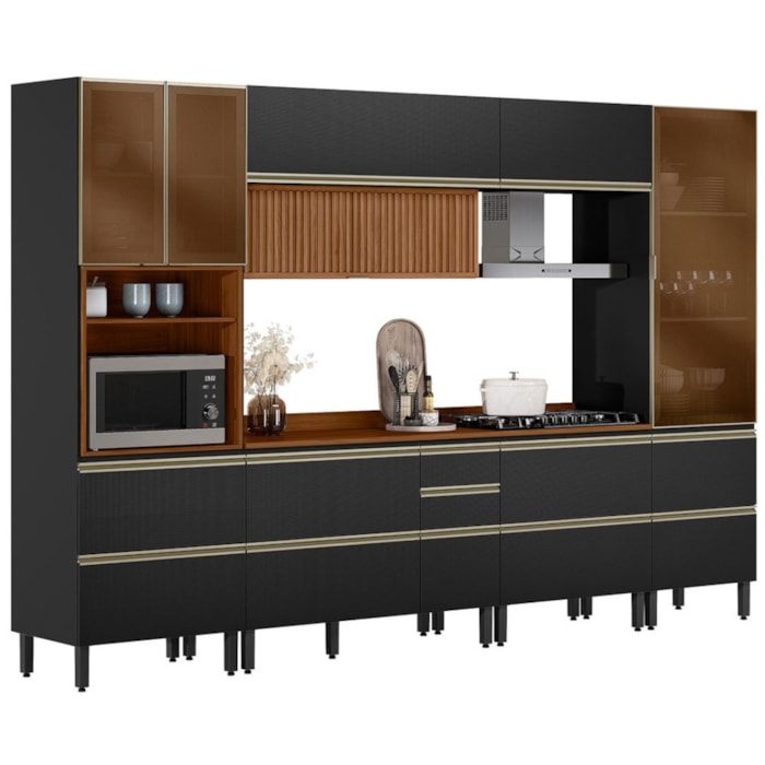 Cozinha Modulada 6 Pecas 330 cm Ripado DP3302 Nogueira Carbono Prime Demartez